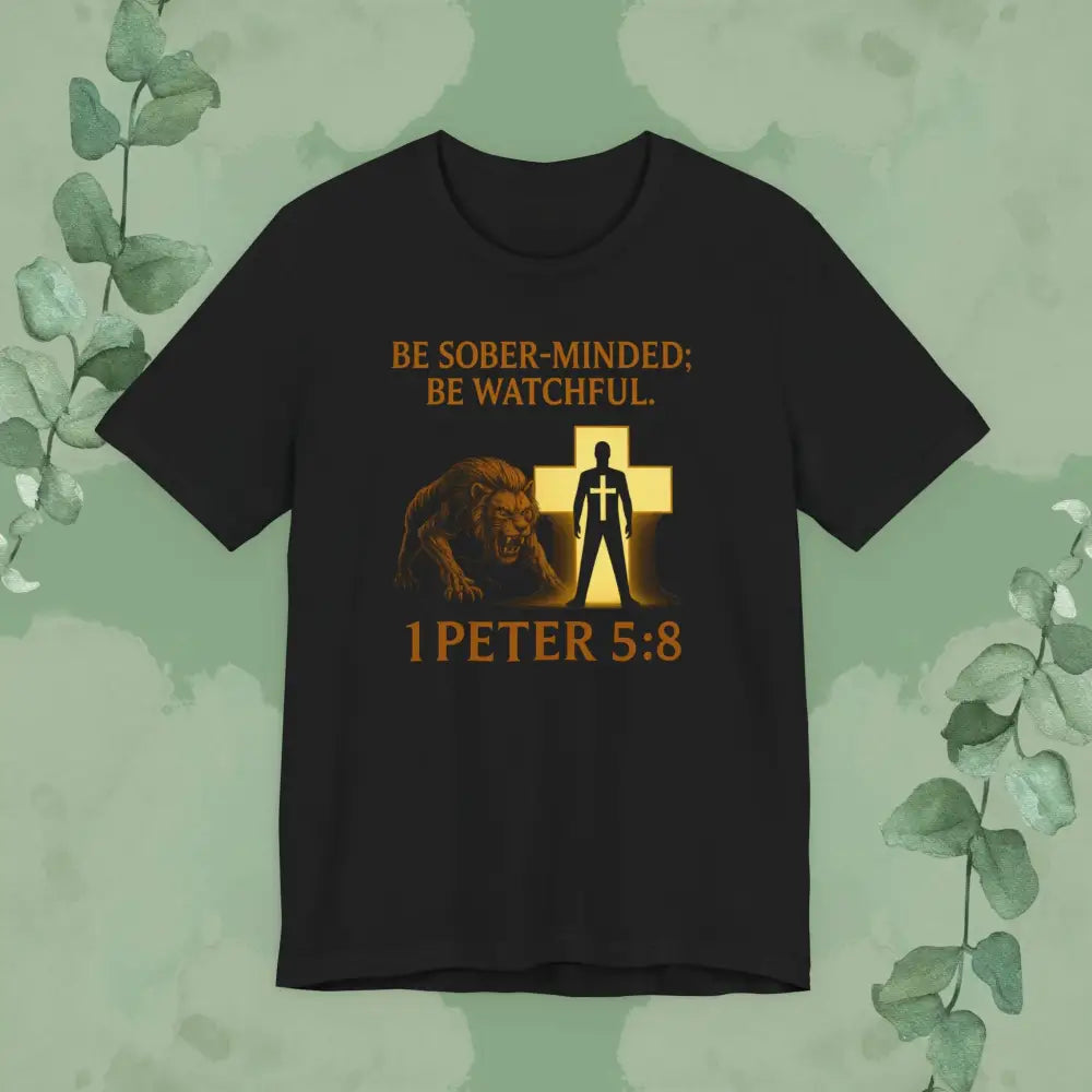 Black Christian t-shirt with roaring lion, glowing cross, and “1 Peter 5:8” Bible verse design.