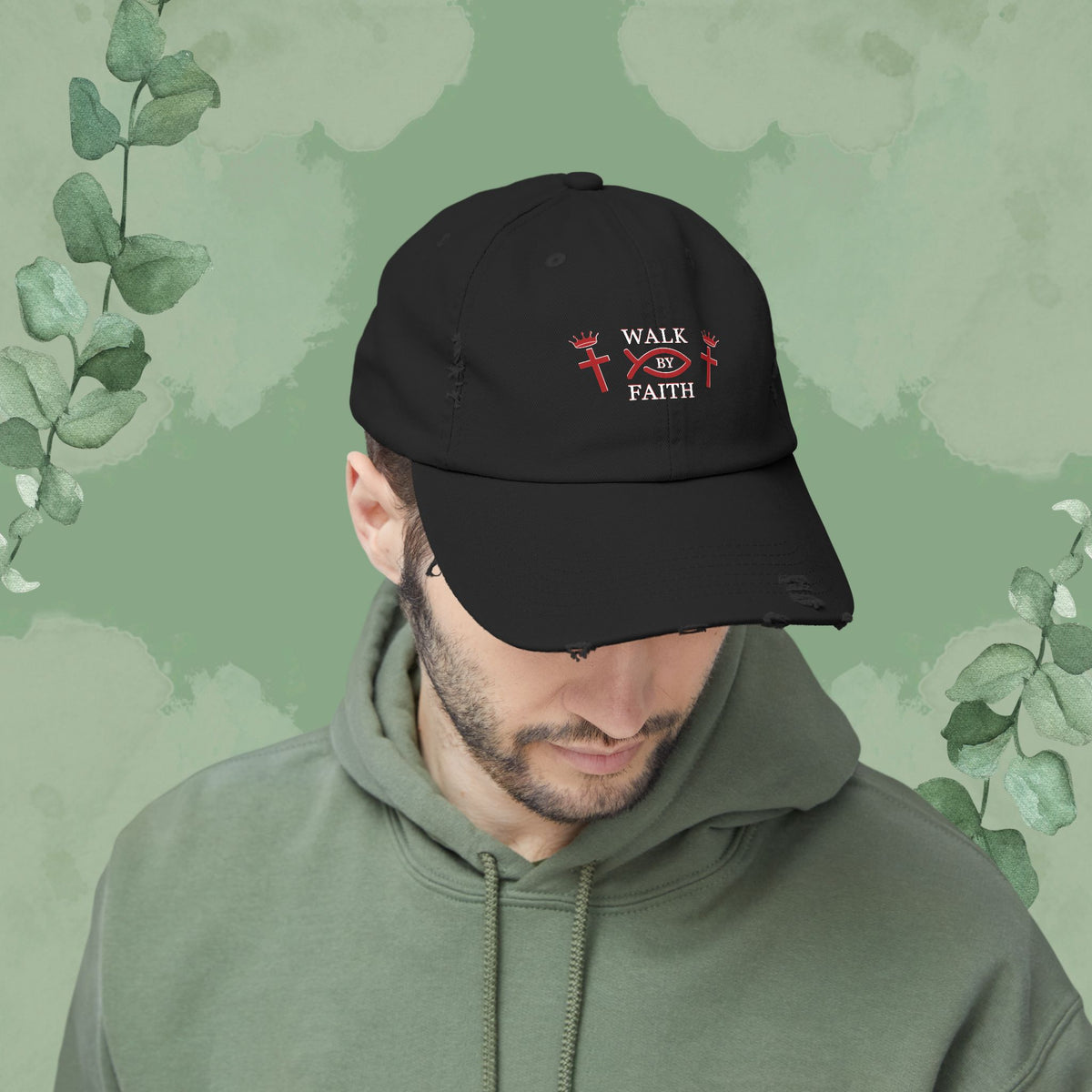 Walk by Faith – Distressed Christian Cap with Cross and Crown Design
