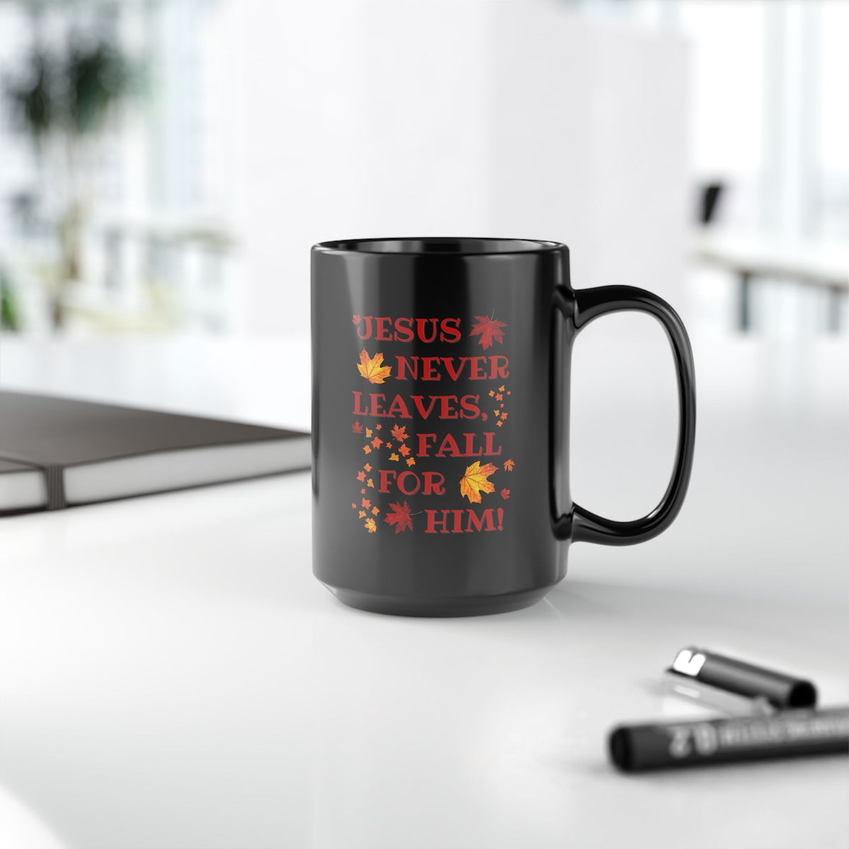 “Jesus Never Leaves, Fall for Him” Black Autumn Mug – Faith-Filled Gift