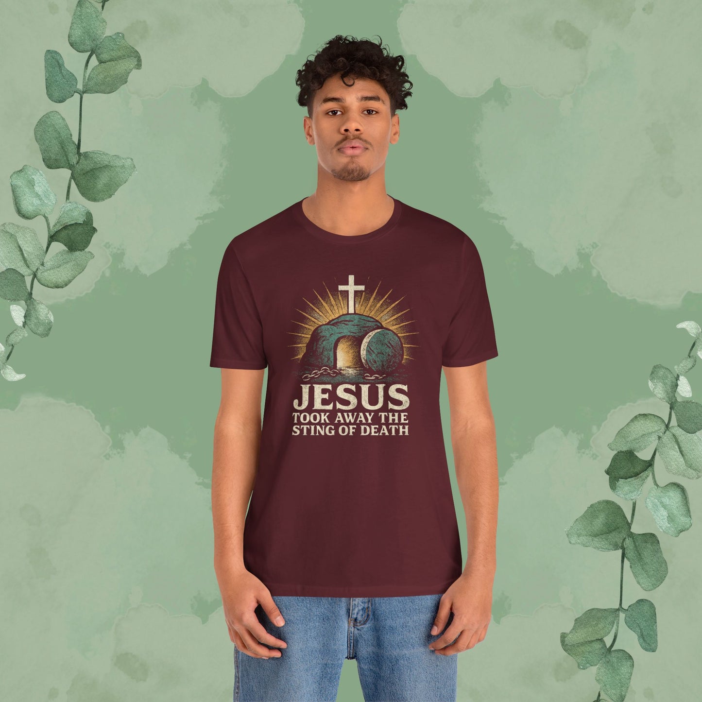 Jesus Took Away the Sting of Death Christian T-Shirt | Cross & Empty Tomb Tee