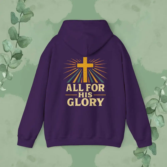 Purple hoodie with 'All for His Glory' text and cross design on a green leafy background