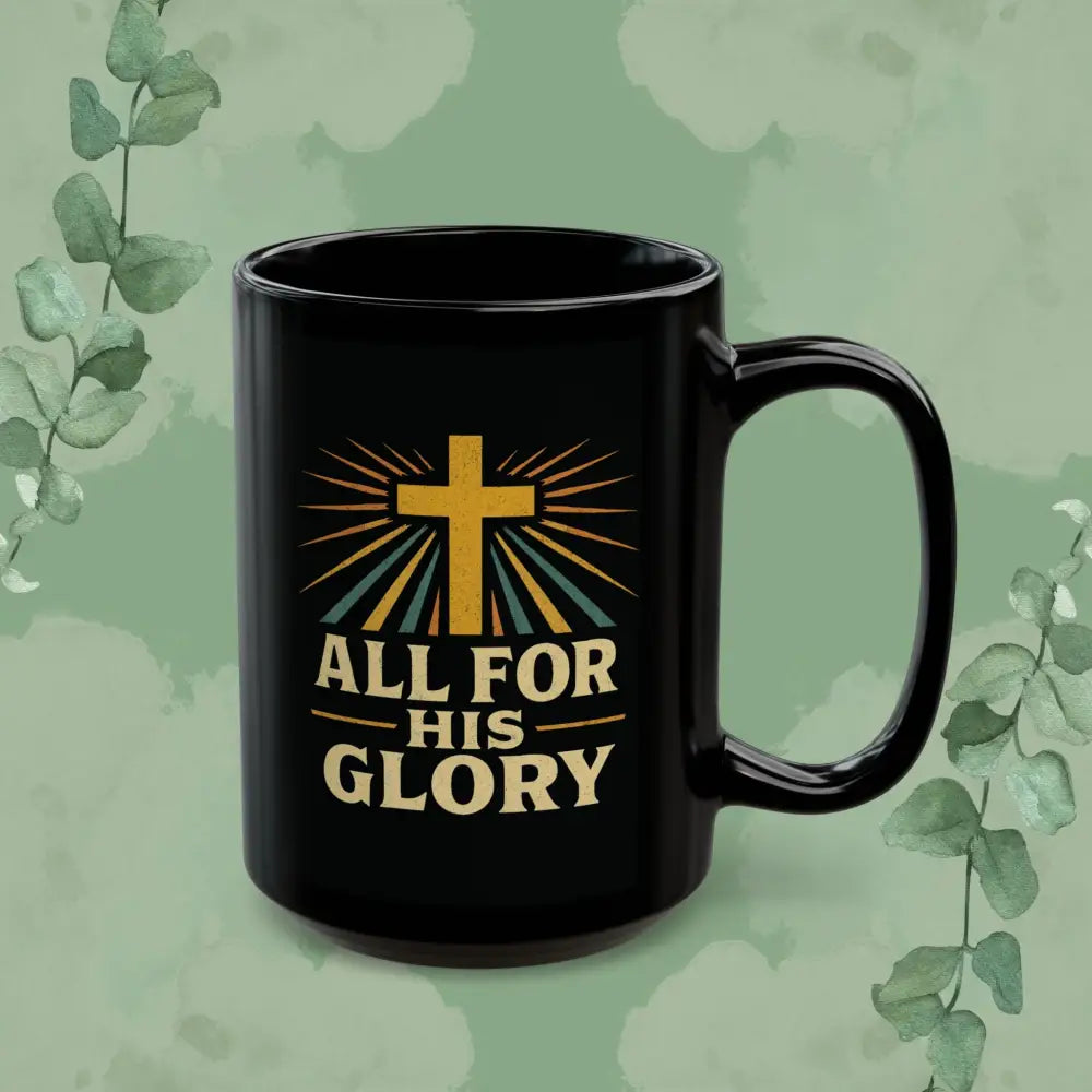 Black ceramic mug with a bold Christian design featuring a radiant gold cross and the words ‘All For His Glory’ in vintage-style lettering, displayed on a soft green background with eucalyptus accents.