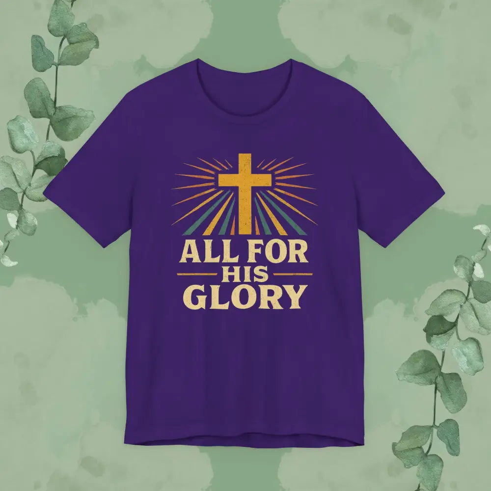 Purple t-shirt with a cross and 'All for His Glory' text on a green background