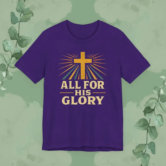 Purple t-shirt with a cross and 'All for His Glory' text on a green background