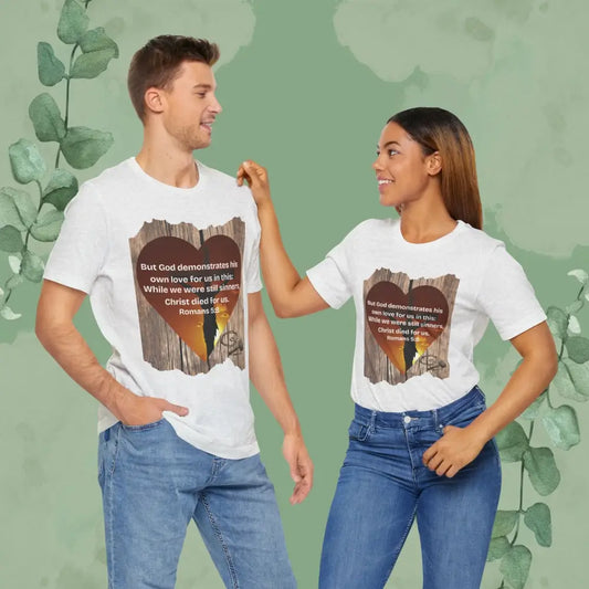 Christ Died for Us – Romans 5:8 Scripture Heart T-Shirt - Ash / XS - T-Shirt