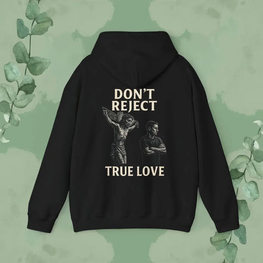 Black hoodie with graphic design and text on a green background