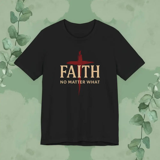 Flat mockup of FAITH – No Matter What T-Shirt (Black)