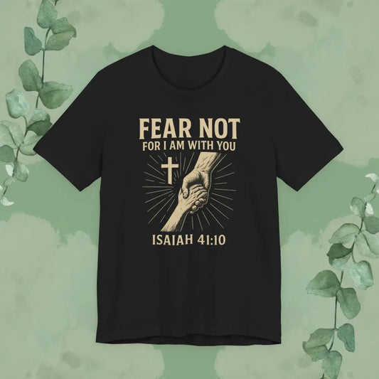 Flat mockup of Fear Not – Isaiah 41:10 T-Shirt (Black)