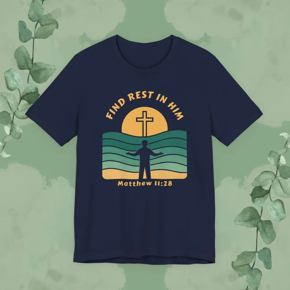 Navy Christian t-shirt with cross over waves design and Matthew 11:28 verse text.