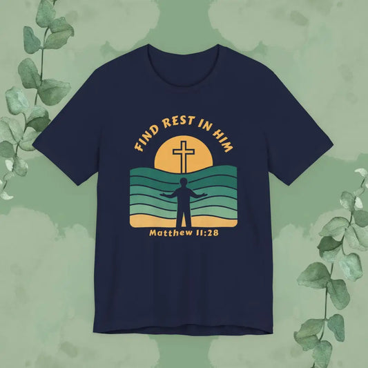 Navy Christian t-shirt with cross over waves design and Matthew 11:28 verse text.