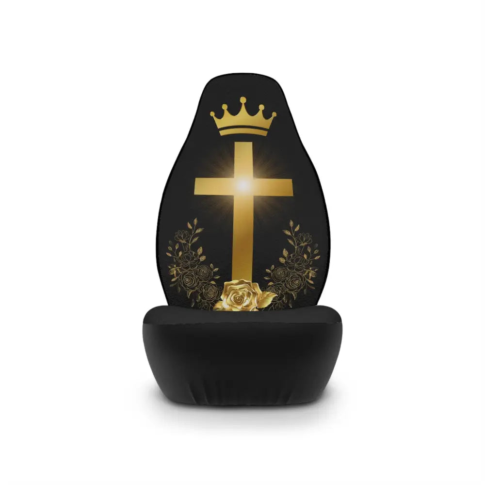 Golden Cross & Crown Car Seat Covers – Faith & Royalty Design (Set of 2) - 48.03’’ × 18.50’’ / Black - All Over Prints