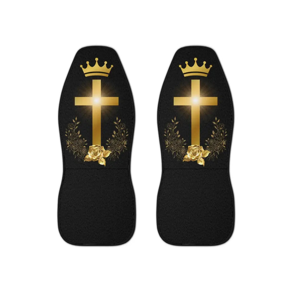 Golden Cross & Crown Car Seat Covers – Faith & Royalty Design (Set of 2) - 48.03’’ × 18.50’’ / Black - All Over Prints