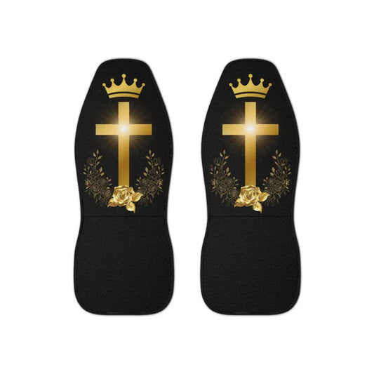 Golden Cross & Crown Car Seat Covers – Faith & Royalty Design (Set of 2) - 48.03’’ × 18.50’’ / Black - All Over Prints