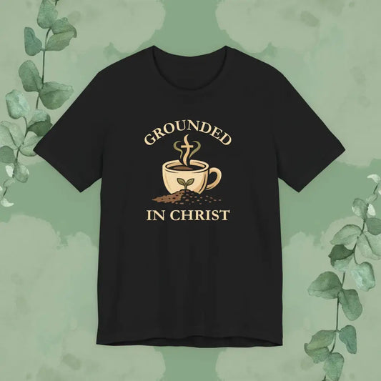 Black t-shirt with 'Grounded in Christ' design featuring a coffee cup and plant on a green background.