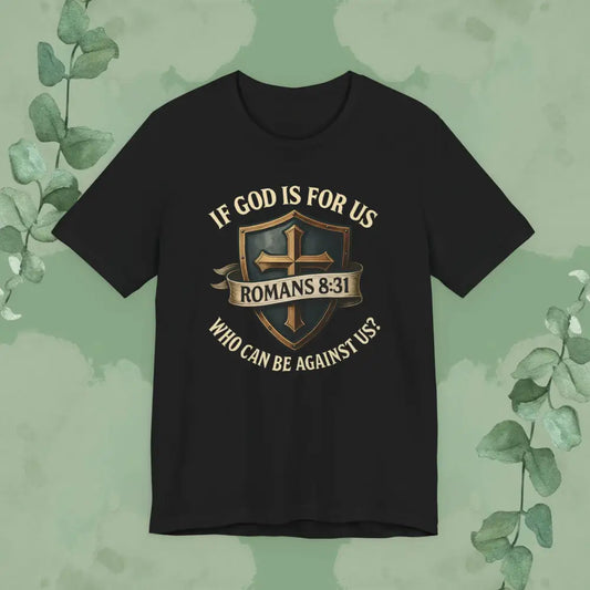 Black t-shirt with religious text and design on a green background