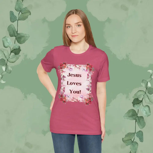 “Jesus Loves You!” Floral Christian T-Shirt – Uplifting Faith & Encouragement Tee - Heather Raspberry / XS - T-Shirt