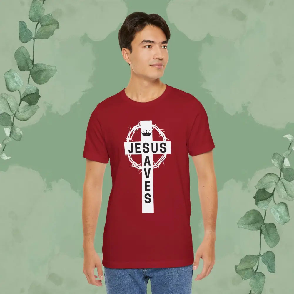 “Jesus Saves” Cross & Crown T-Shirt – Christian Message of Sacrifice and Victory - T-Shirt