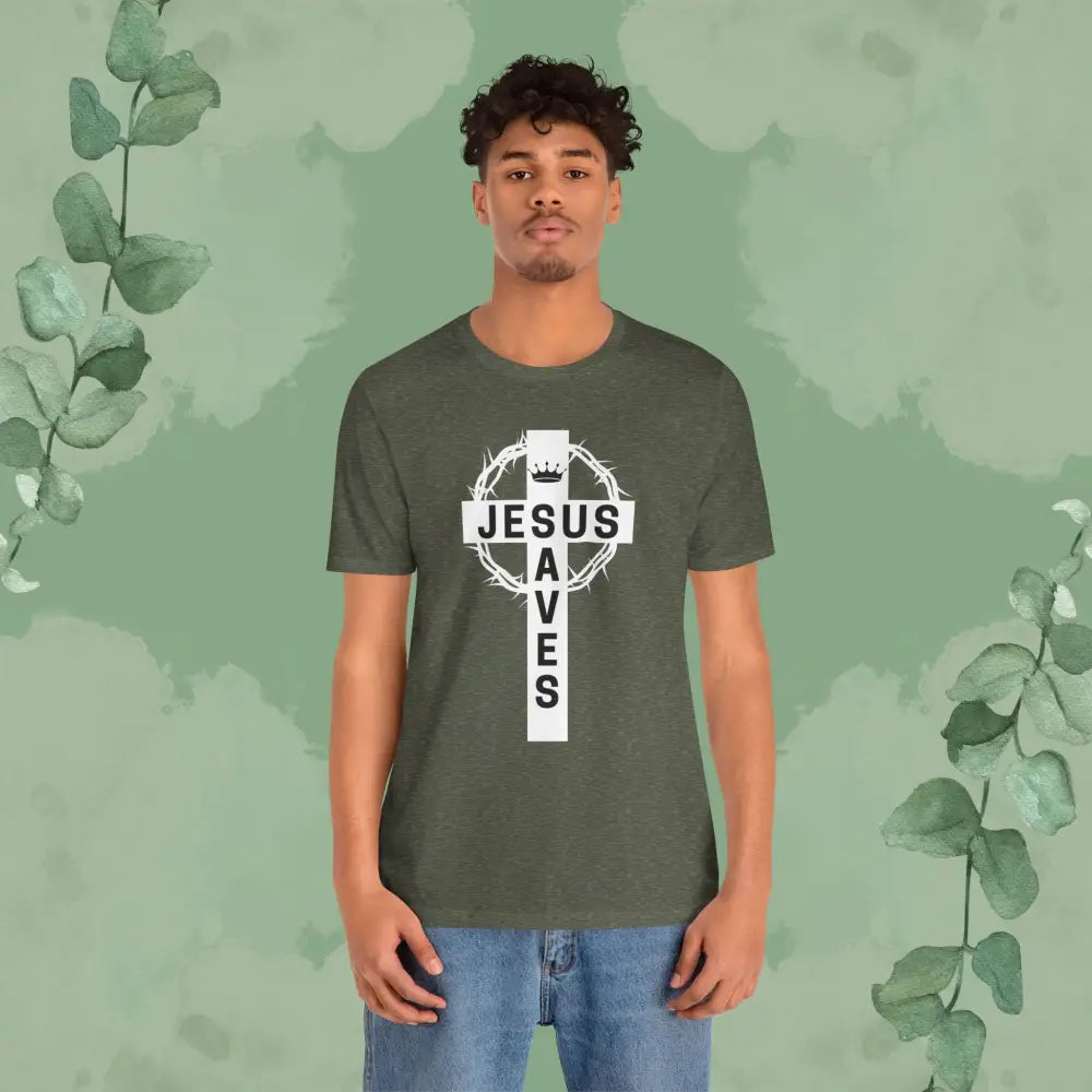 “Jesus Saves” Cross & Crown T-Shirt – Christian Message of Sacrifice and Victory - T-Shirt