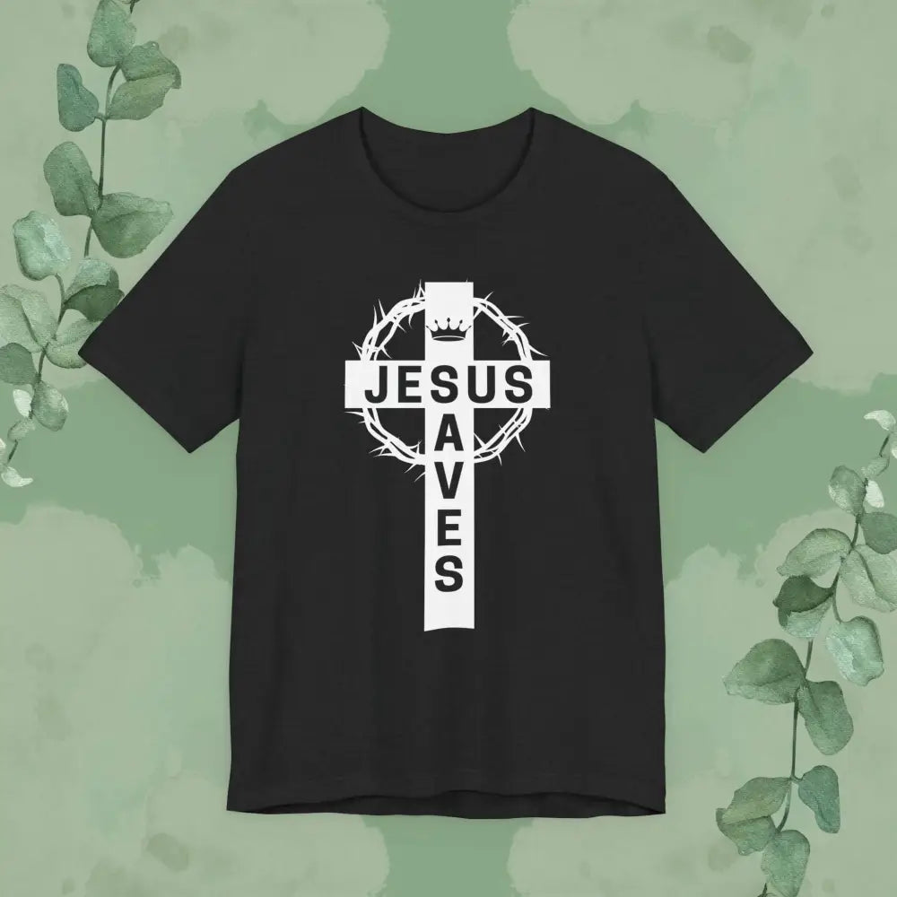 “Jesus Saves” Cross & Crown T-Shirt – Christian Message of Sacrifice and Victory - T-Shirt