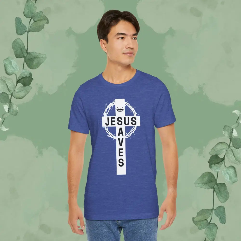 “Jesus Saves” Cross & Crown T-Shirt – Christian Message of Sacrifice and Victory - T-Shirt