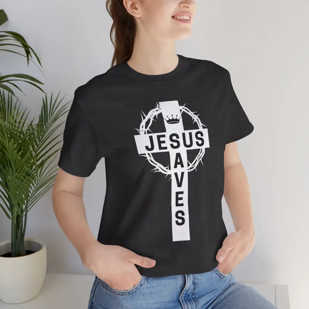“Jesus Saves” Cross & Crown T-Shirt – Christian Message of Sacrifice and Victory - T-Shirt