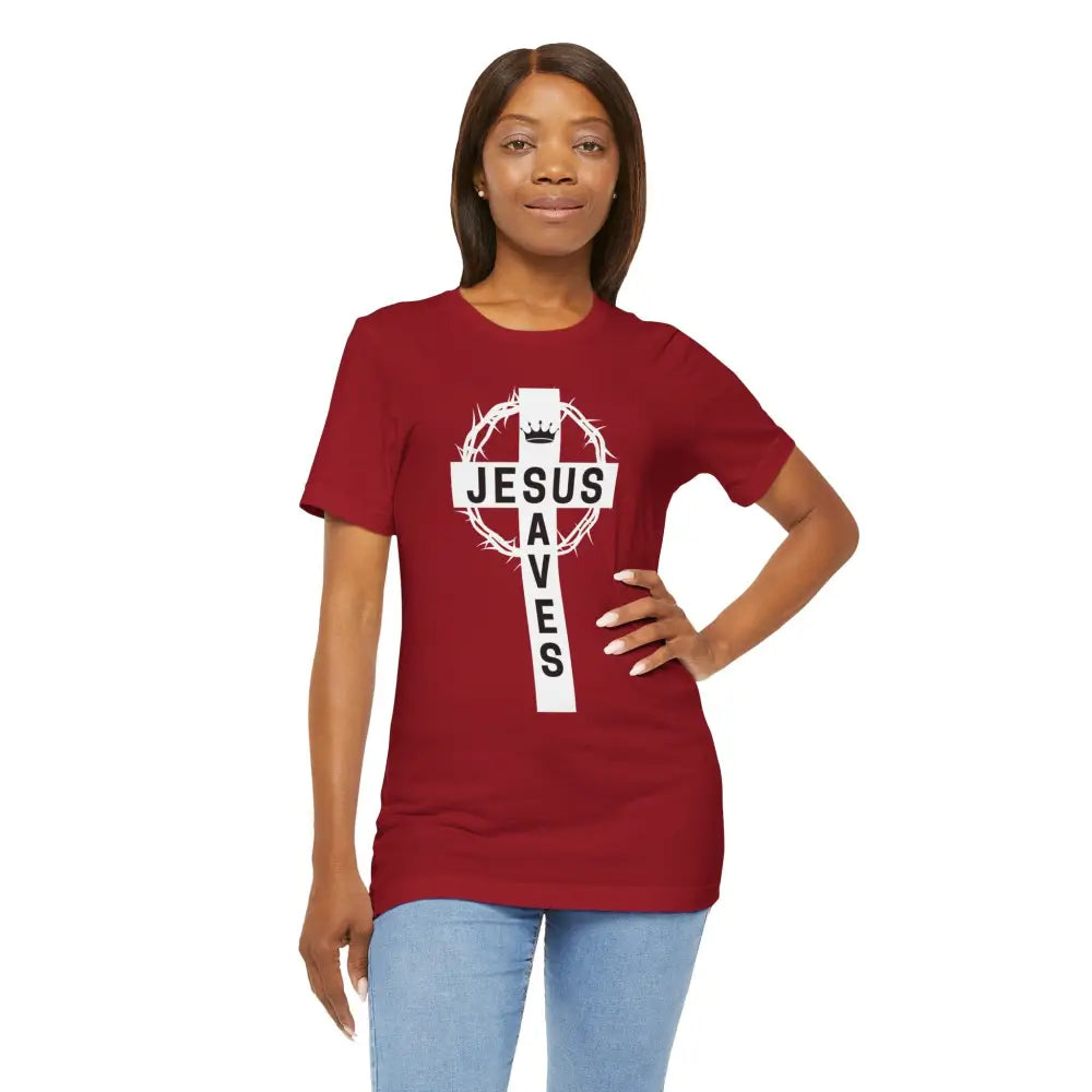 “Jesus Saves” Cross & Crown T-Shirt – Christian Message of Sacrifice and Victory - T-Shirt