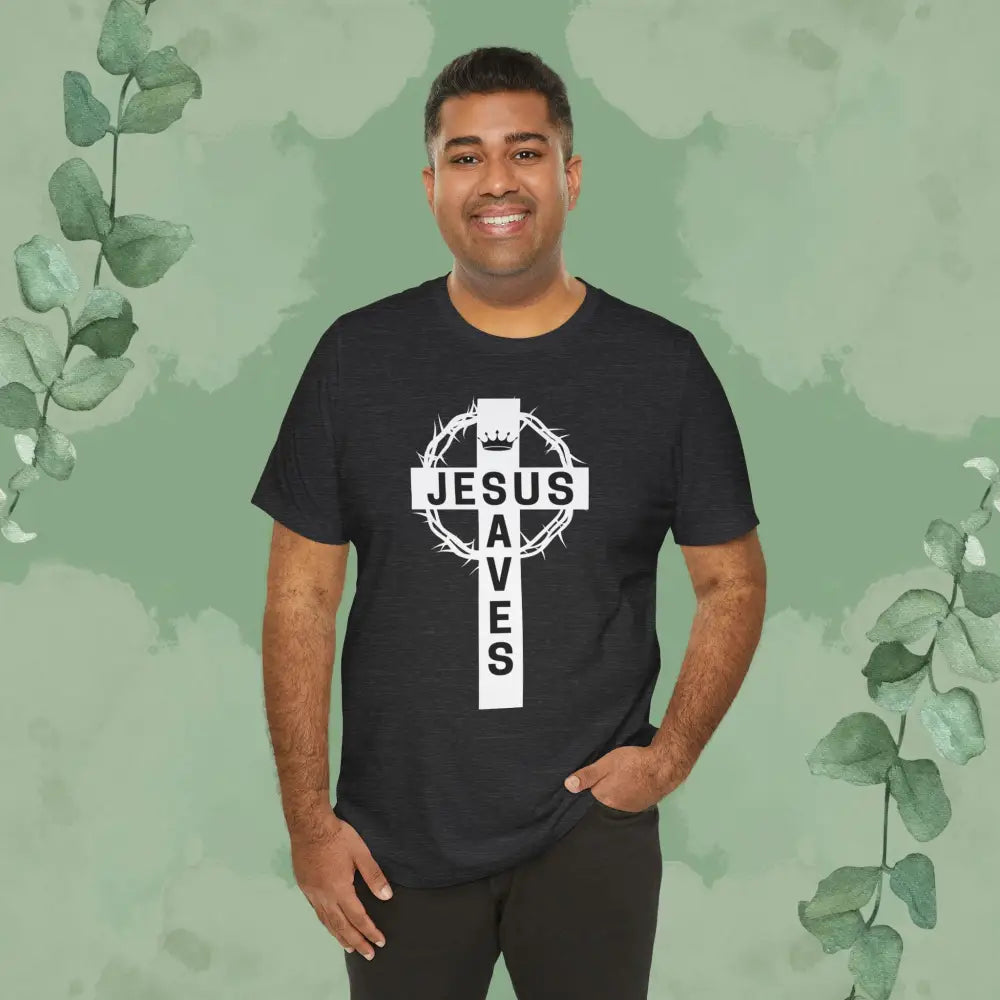 “Jesus Saves” Cross & Crown T-Shirt – Christian Message of Sacrifice and Victory - T-Shirt