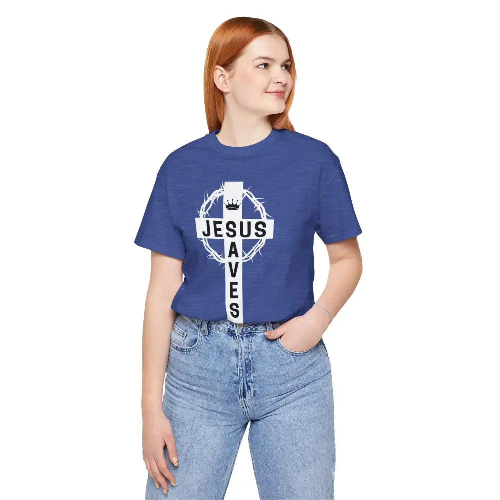 “Jesus Saves” Cross & Crown T-Shirt – Christian Message of Sacrifice and Victory - T-Shirt