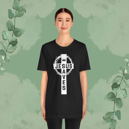 “Jesus Saves” Cross & Crown T-Shirt – Christian Message of Sacrifice and Victory - Solid Black Blend / XS - T-Shirt
