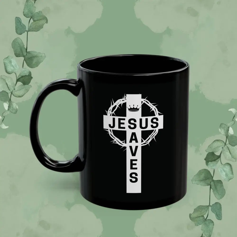 ’Jesus Saves’ Cross Design Black Mug - Mug