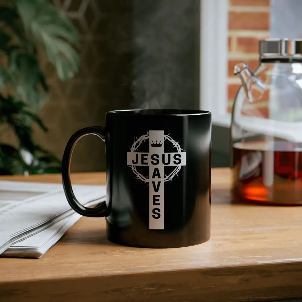 ’Jesus Saves’ Cross Design Black Mug - 11oz - Mug