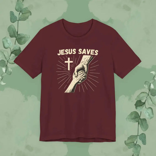 Maroon t-shirt with 'Jesus Saves' graphic on a green background