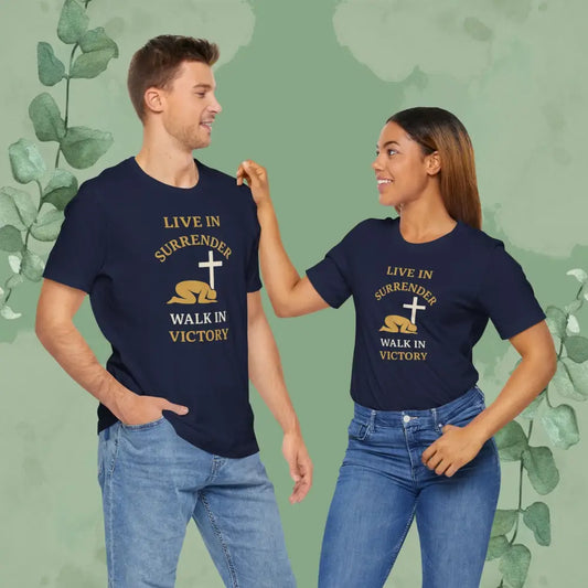 Live in Surrender – Walk in Victory Christian T-Shirt - Navy / XS - T-Shirt