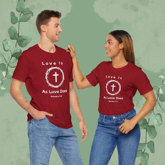 “Love Is As Love Does” Romans 5:8 Christian T-Shirt – Crown of Thorns Cross Design - Canvas Red / XS - T-Shirt
