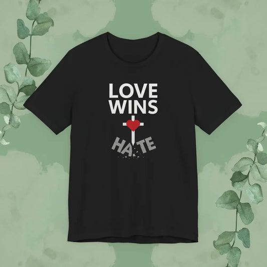 Black t-shirt with 'Love Wins Hate' design on a green background