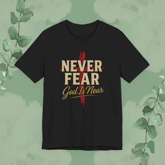 Black t-shirt with 'Never Fear God Is Near' text on a green background