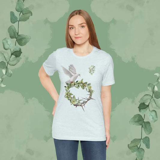 Peace & Redemption Dove T-Shirt – Crown of Thorns and Olive Branch Christian Tee - Heather Ice Blue / S - T-Shirt