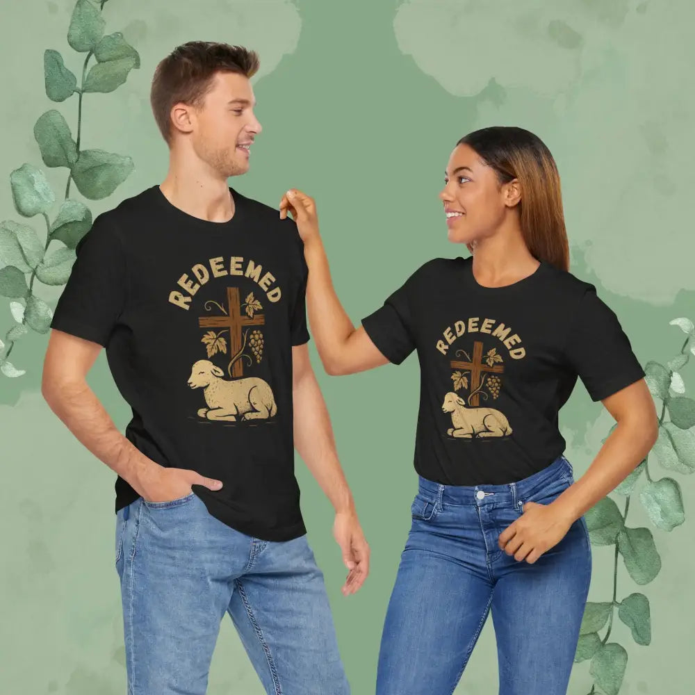 ’Redeemed’ Christian T-Shirt — Lamb & Cross Vintage Design - Black Heather / S - T-Shirt