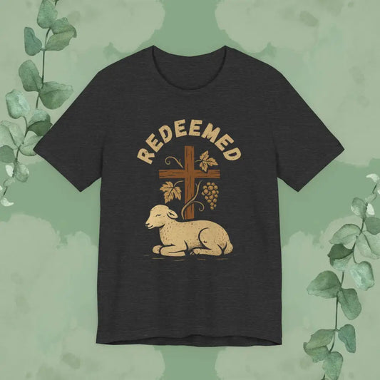 ’Redeemed’ Christian T-Shirt — Lamb & Cross Vintage Design - Dark Grey Heather / S - T-Shirt