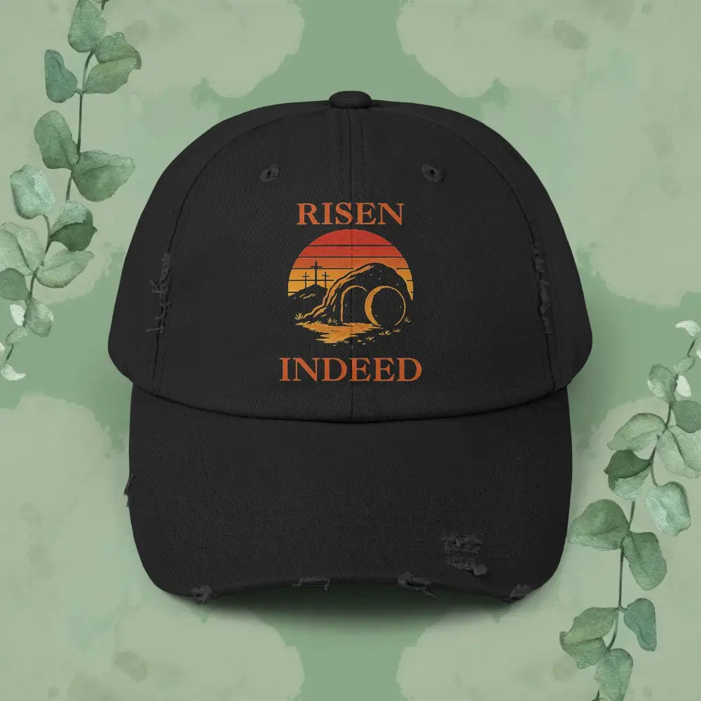 Risen Indeed – Vintage-Style Distressed Christian Cap - Black / One size - Hats