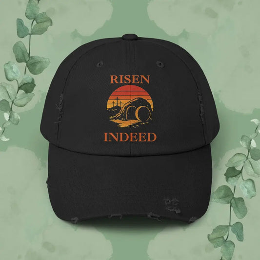 Risen Indeed – Vintage-Style Distressed Christian Cap - Black / One size - Hats