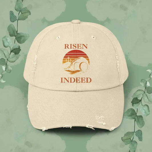 Risen Indeed – Vintage-Style Distressed Christian Cap - Stone / One size - Hats