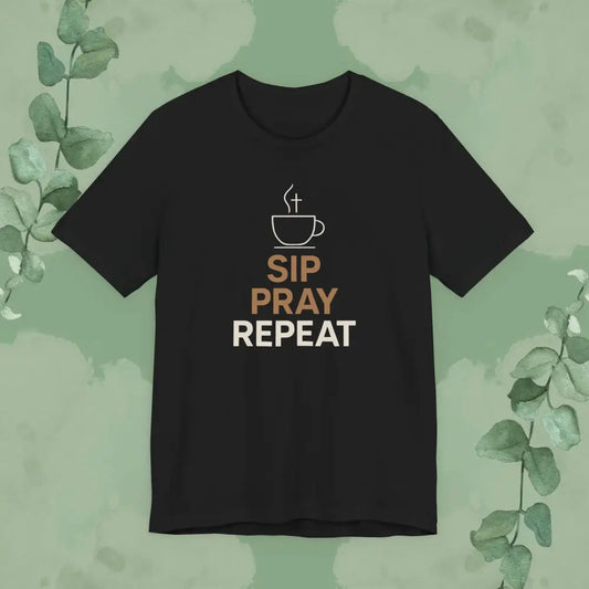 Black t-shirt with 'Sip Pray Repeat' text and coffee cup graphic on a green background