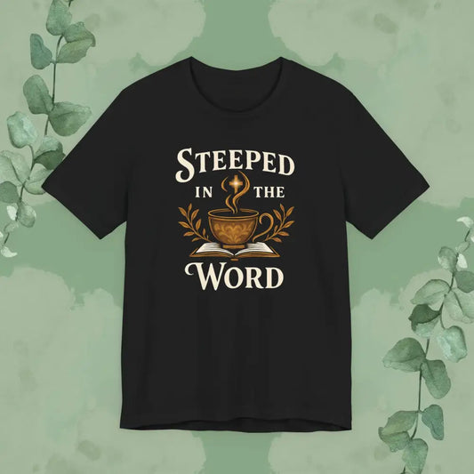 Black t-shirt with 'Steeped in the Word' design on a green background