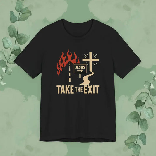 Black t-shirt with graphic design and text 'Take the Exit' on a green background