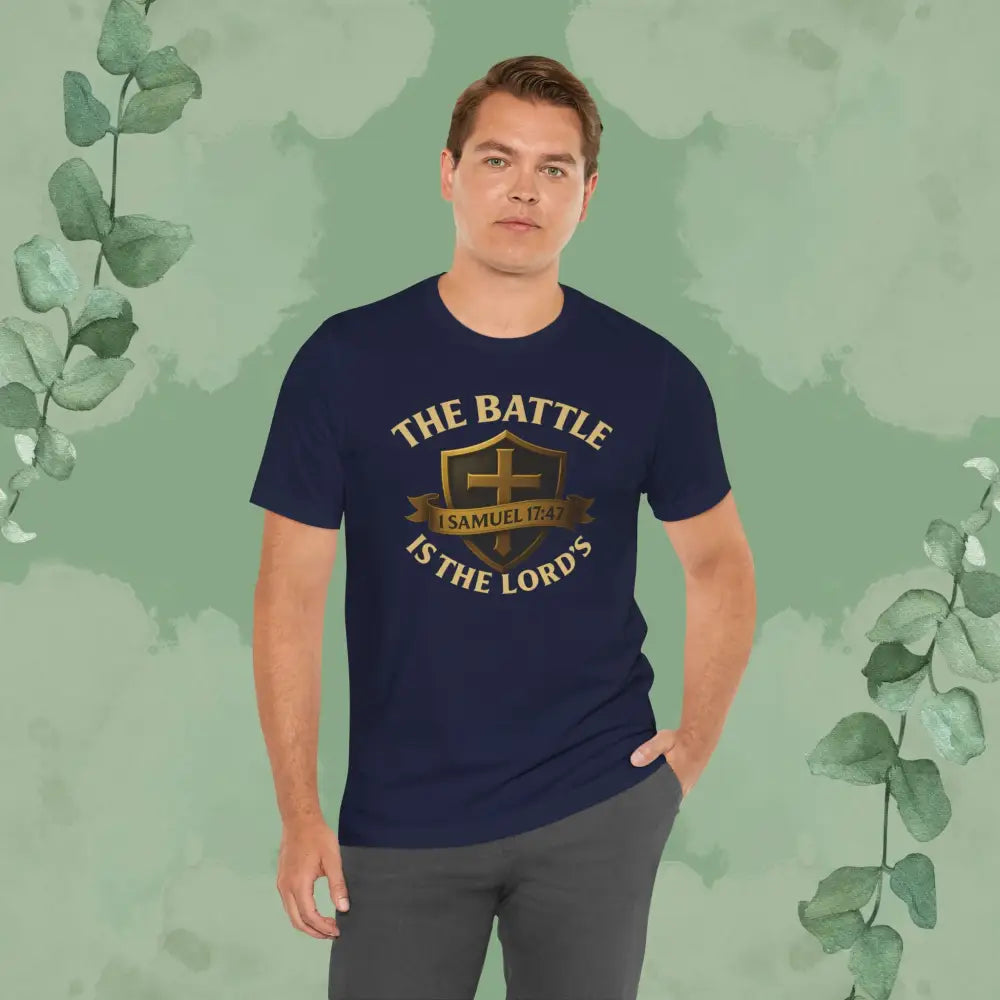 The Battle Is the Lord’s – 1 Samuel 17:47 Christian T-Shirt | Bold Faith Armor Tee | True Vine Design - T-Shirt
