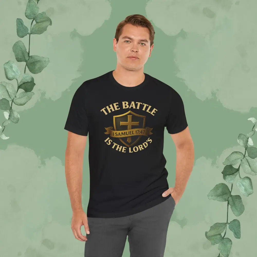 The Battle Is the Lord’s – 1 Samuel 17:47 Christian T-Shirt | Bold Faith Armor Tee | True Vine Design - T-Shirt