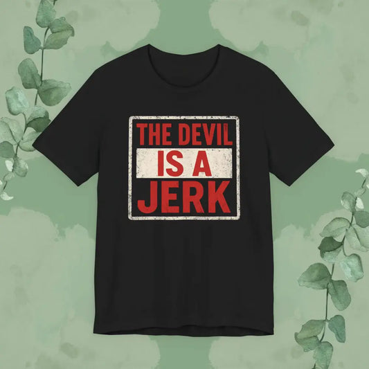 Black t-shirt with 'The Devil is a Jerk' text on a green background