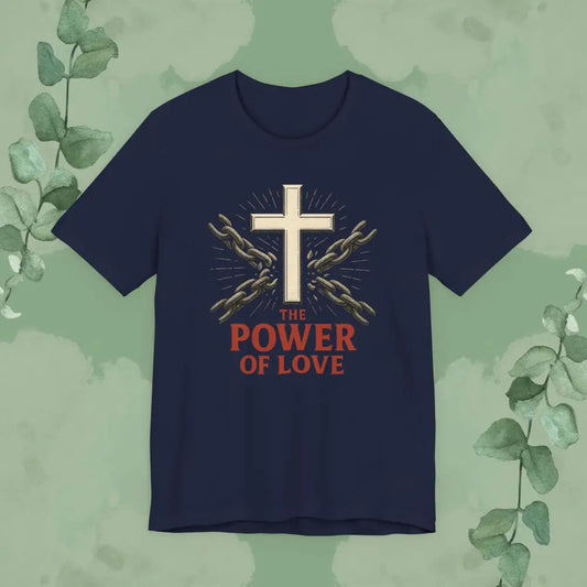 Navy blue t-shirt with a cross and 'The Power of Love' text on a green leafy background