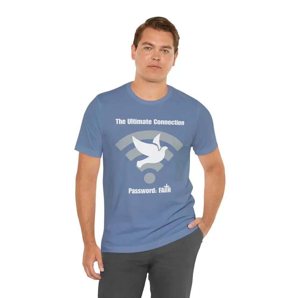 “The Ultimate Connection – Password: FAITH” Christian T Shirt – Bold Tech Inspired Faith Statement Steel Blue / XS T